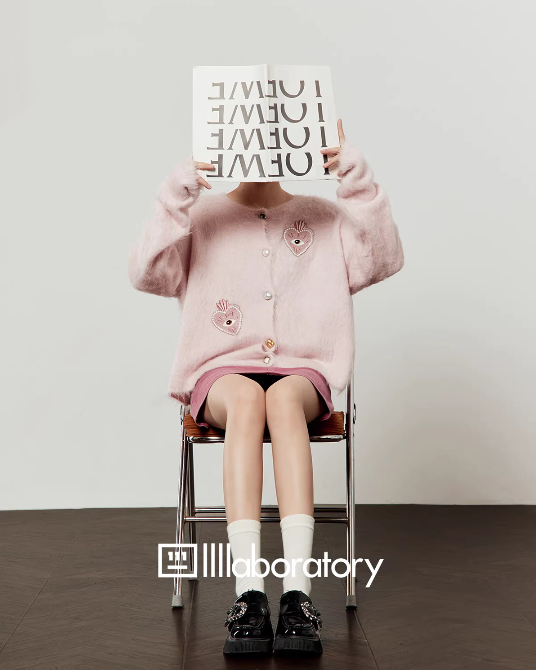 Heart Patch Shaggy Knit Cardigan / Pink Mini Skirt Heart Patch Shaggy Knit Cardigan / Pink Mini Skirt