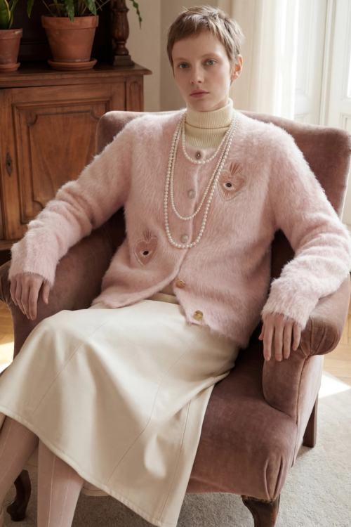 Heart Patch Shaggy Knit Cardigan / Pink Mini Skirt