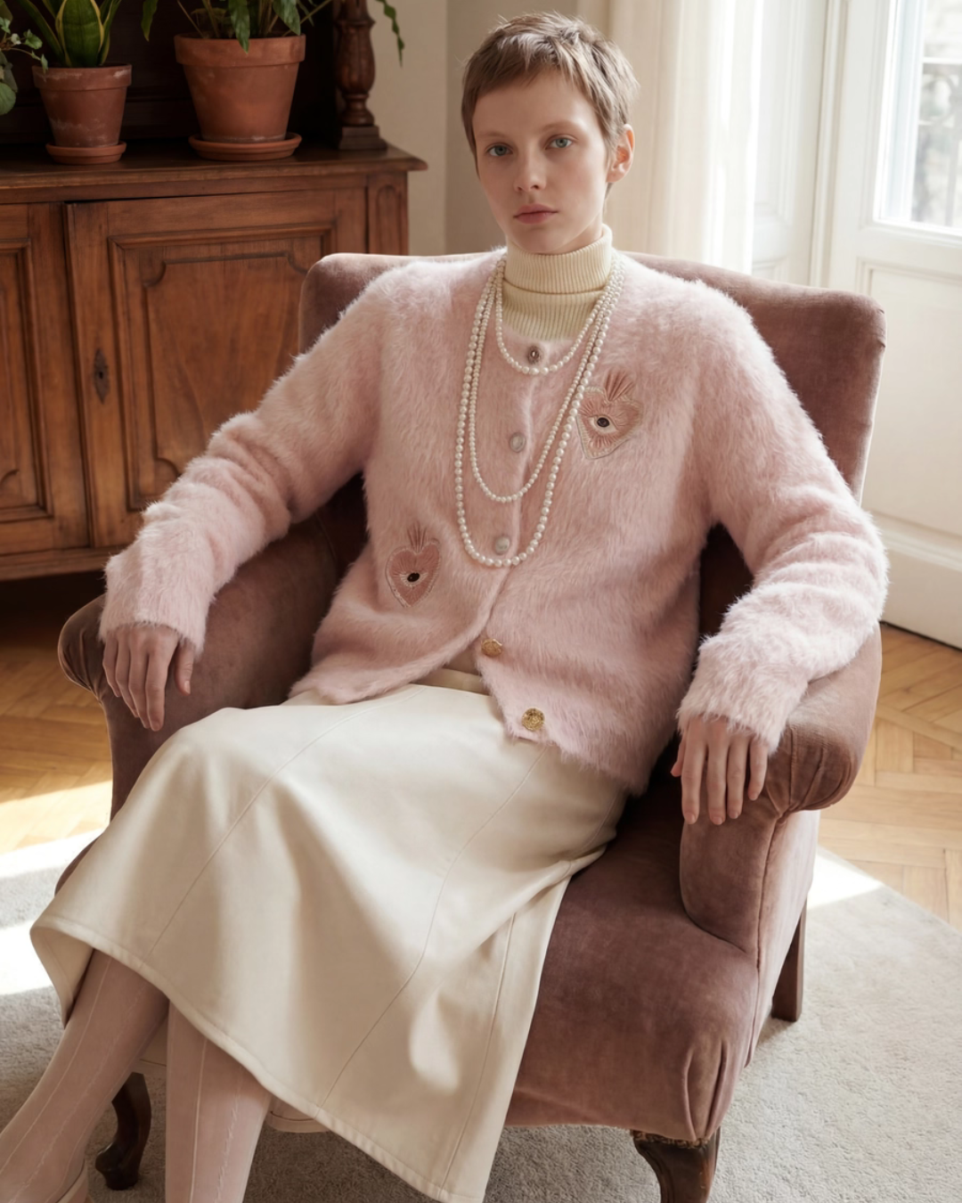 Heart Patch Shaggy Knit Cardigan / Pink Mini Skirt Heart Patch Shaggy Knit Cardigan / Pink Mini Skirt