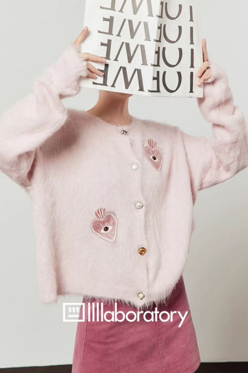 Heart Patch Shaggy Knit Cardigan / Pink Mini Skirt
