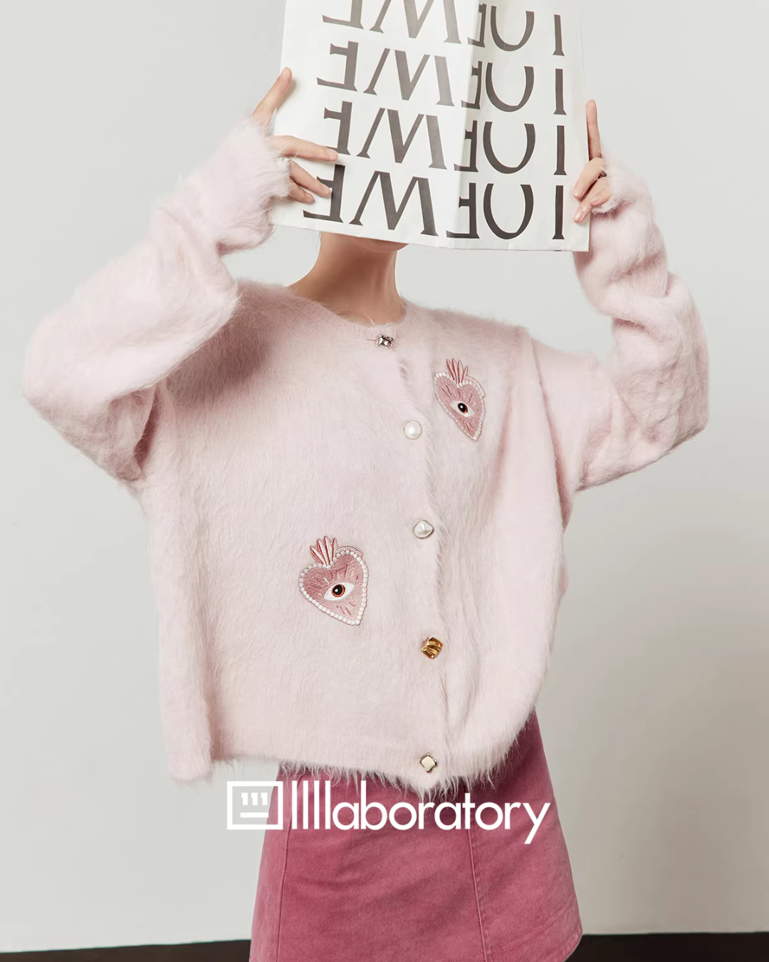 Heart Patch Shaggy Knit Cardigan / Pink Mini Skirt Heart Patch Shaggy Knit Cardigan / Pink Mini Skirt