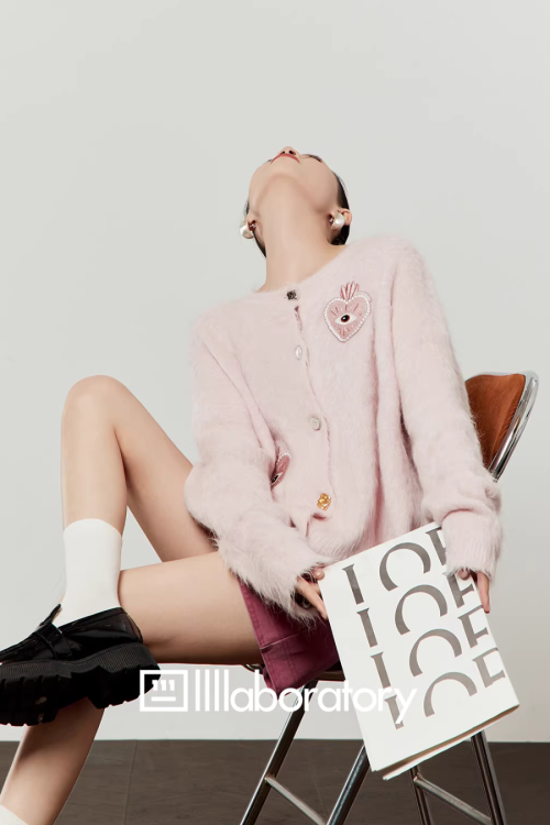 Heart Patch Shaggy Knit Cardigan / Pink Mini Skirt