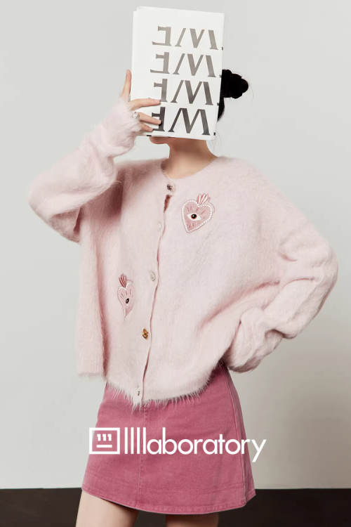 Heart Patch Shaggy Knit Cardigan / Pink Mini Skirt