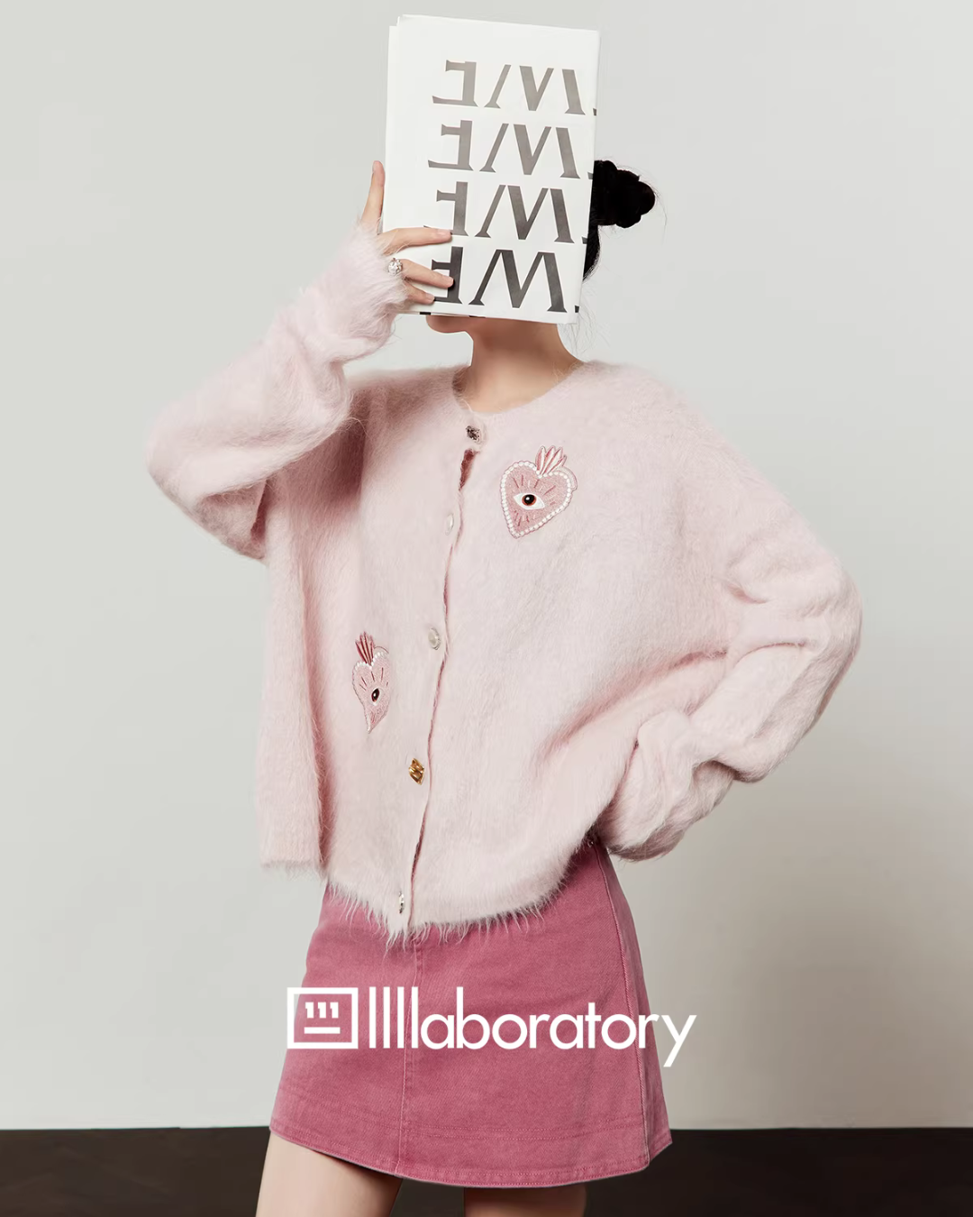 Heart Patch Shaggy Knit Cardigan / Pink Mini Skirt Heart Patch Shaggy Knit Cardigan / Pink Mini Skirt