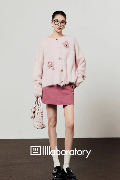 Heart Patch Shaggy Knit Cardigan / Pink Mini Skirt