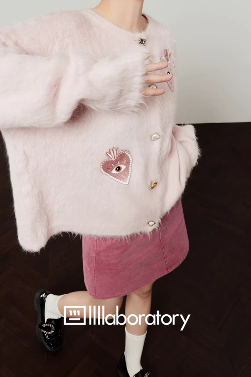 Heart Patch Shaggy Knit Cardigan / Pink Mini Skirt