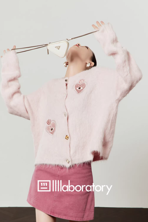 Heart Patch Shaggy Knit Cardigan / Pink Mini Skirt