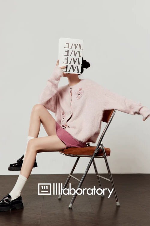 Heart Patch Shaggy Knit Cardigan / Pink Mini Skirt