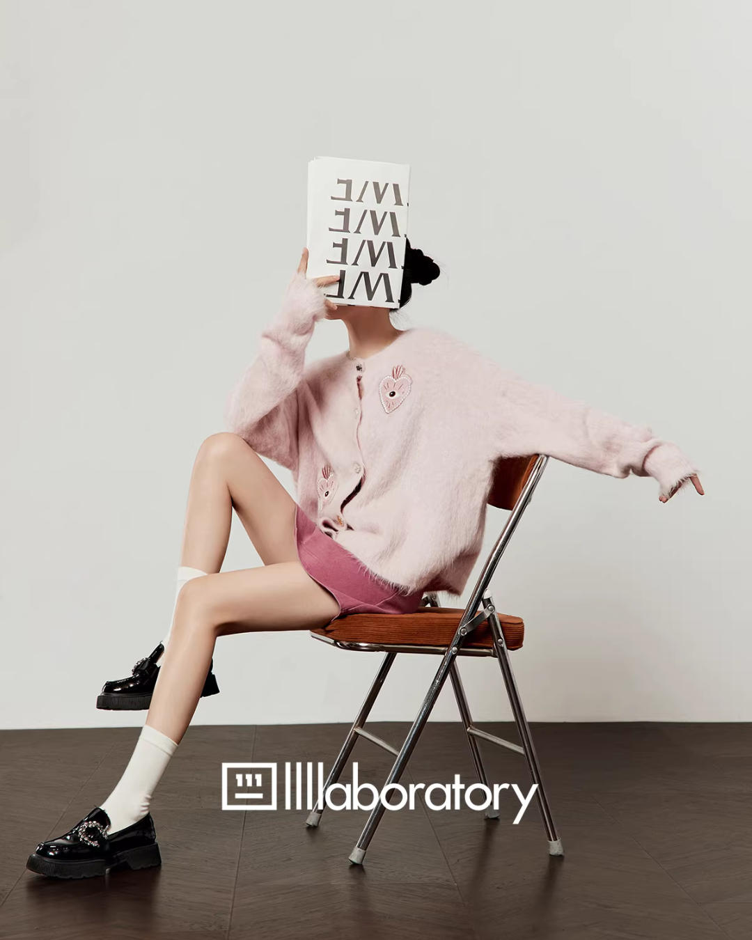 Heart Patch Shaggy Knit Cardigan / Pink Mini Skirt Heart Patch Shaggy Knit Cardigan / Pink Mini Skirt