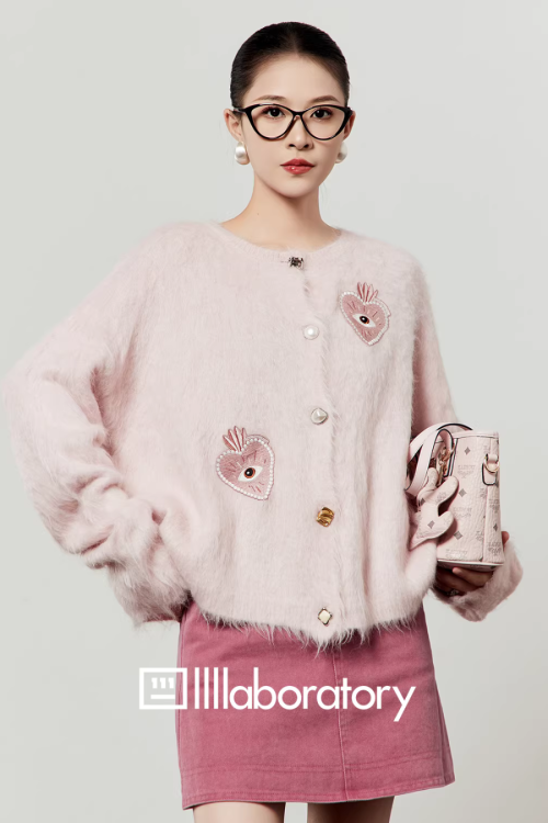 Heart Patch Shaggy Knit Cardigan / Pink Mini Skirt