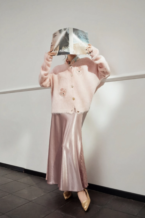 Heart Patch Shaggy Knit Cardigan / Pink Mini Skirt