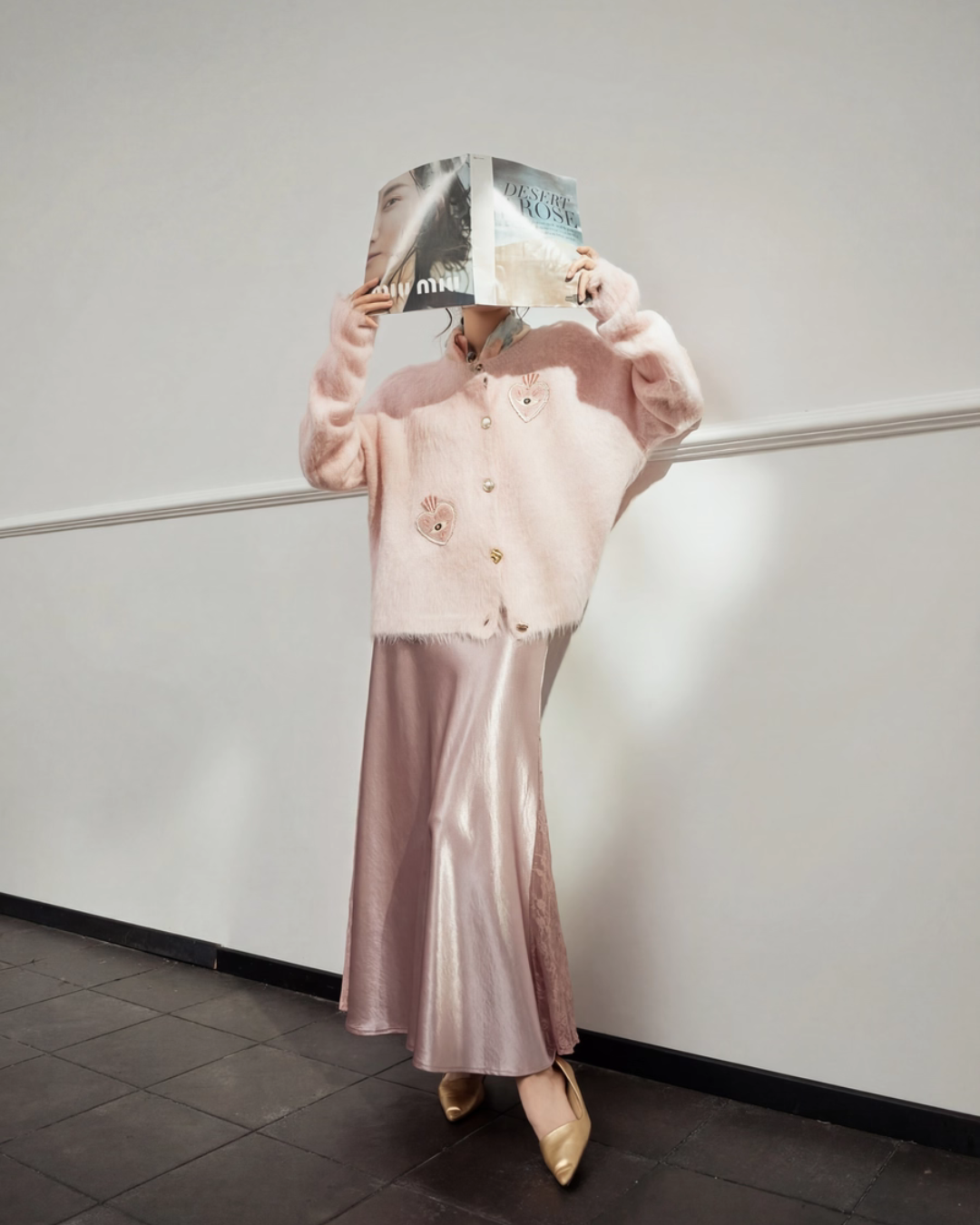 Heart Patch Shaggy Knit Cardigan / Pink Mini Skirt Heart Patch Shaggy Knit Cardigan / Pink Mini Skirt