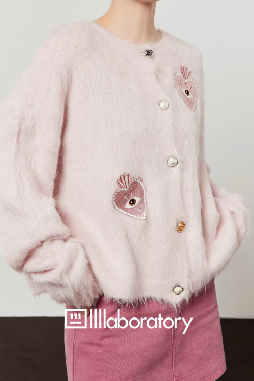 Heart Patch Shaggy Knit Cardigan / Pink Mini Skirt
