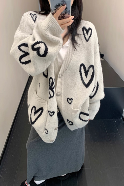 Heart Patterned Knit Cardigan