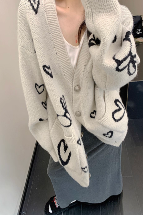 Heart Patterned Knit Cardigan