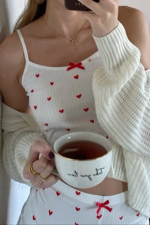 Heart Print Bow Trim Spaghetti Strap Camis Elastic Shorts Two Pieces Set