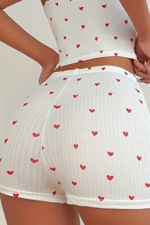 Heart Print Bow Trim Spaghetti Strap Camis Elastic Shorts Two Pieces Set
