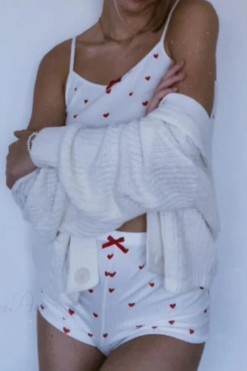 Heart Print Bow Trim Spaghetti Strap Camis Elastic Shorts Two Pieces Set