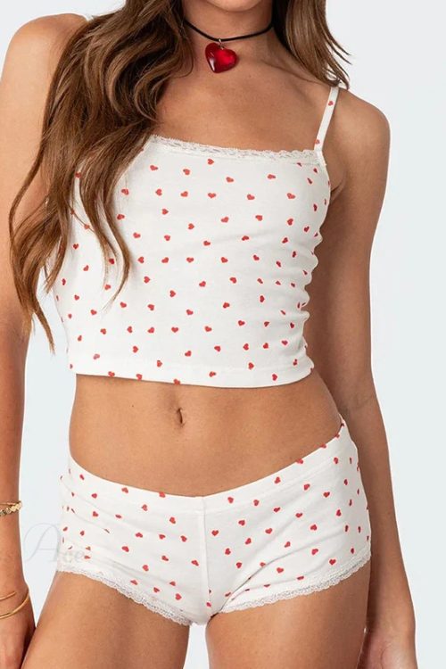 Heart Printed Kawaii Lace Trim Camis Micro Shorts Two Pieces Set
