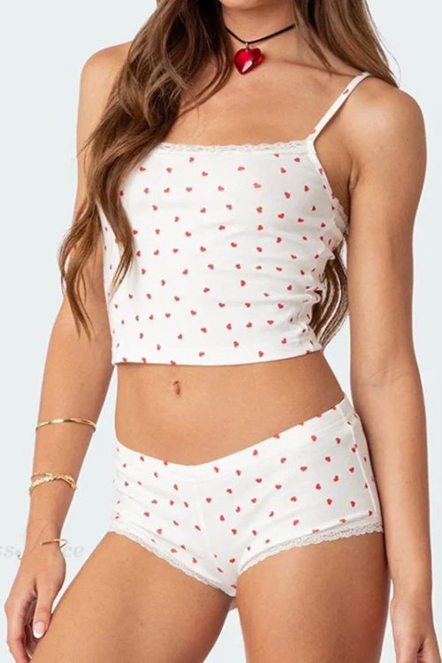 Heart Printed Kawaii Lace Trim Camis Micro Shorts Two Pieces Set