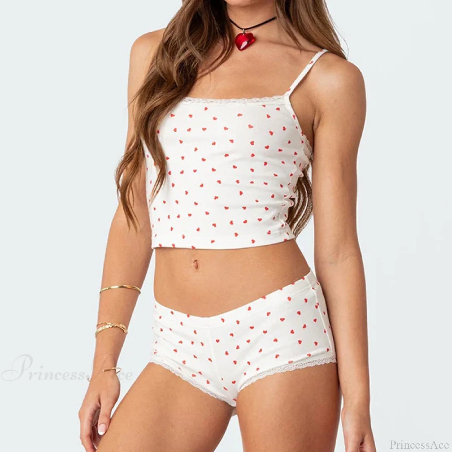 Heart Printed Kawaii Lace Trim Camis Micro Shorts Two Pieces Set Heart Printed Kawaii Lace Trim Camis Micro Shorts Two Pieces Set