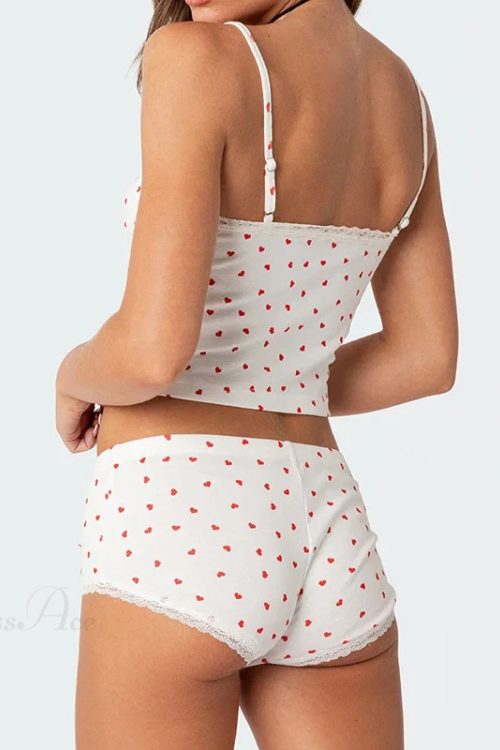 Heart Printed Kawaii Lace Trim Camis Micro Shorts Two Pieces Set