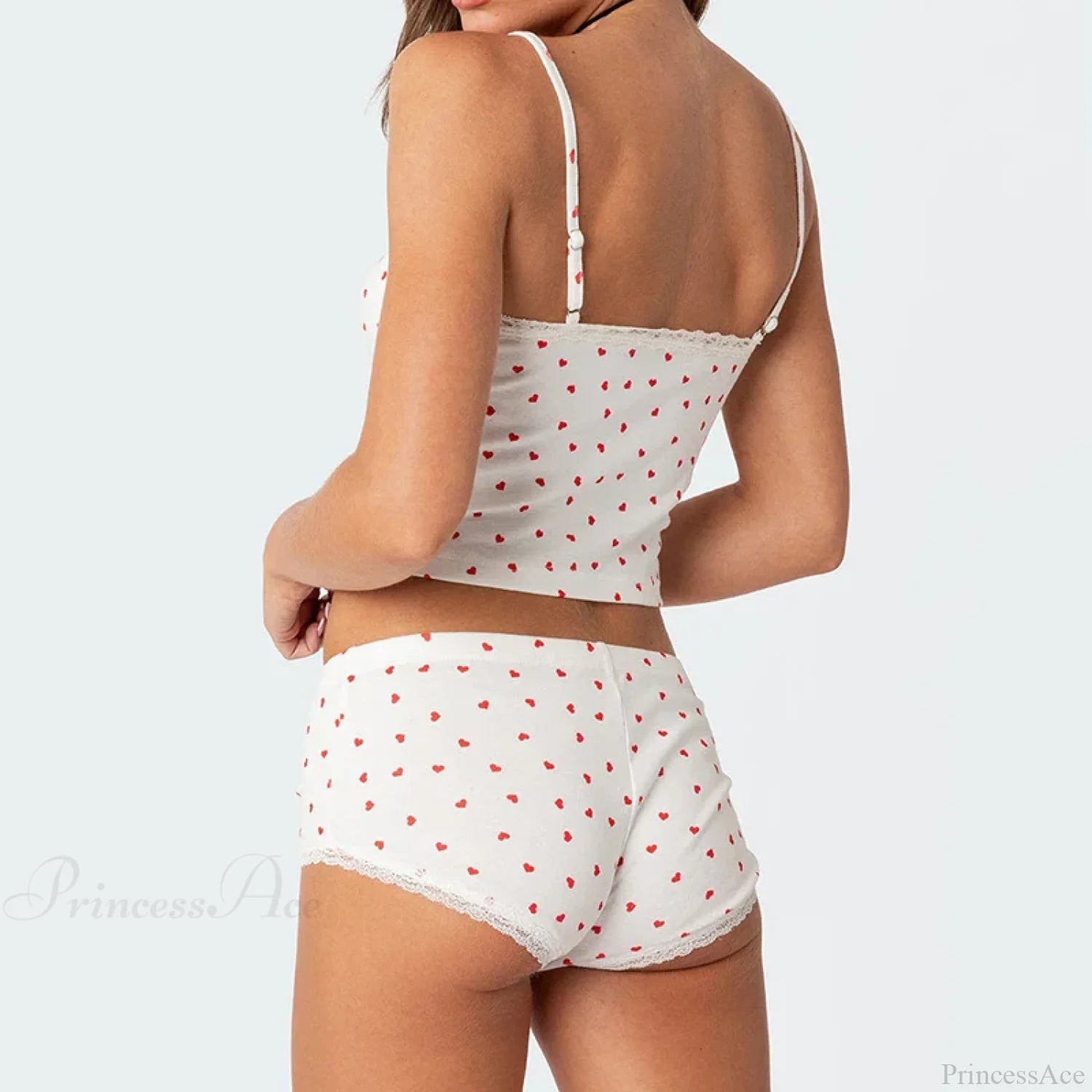 Heart Printed Kawaii Lace Trim Camis Micro Shorts Two Pieces Set Heart Printed Kawaii Lace Trim Camis Micro Shorts Two Pieces Set