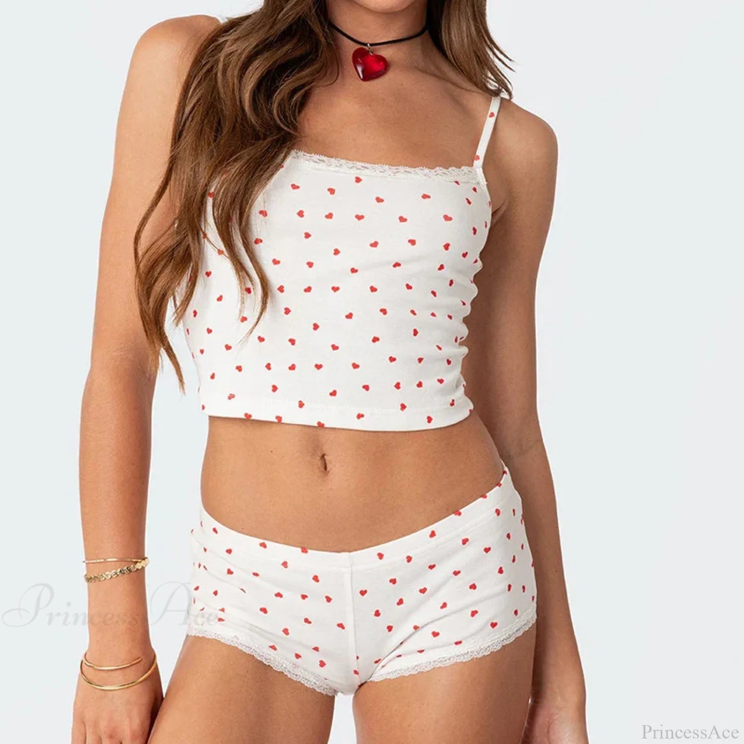 Heart Printed Kawaii Lace Trim Camis Micro Shorts Two Pieces Set Heart Printed Kawaii Lace Trim Camis Micro Shorts Two Pieces Set