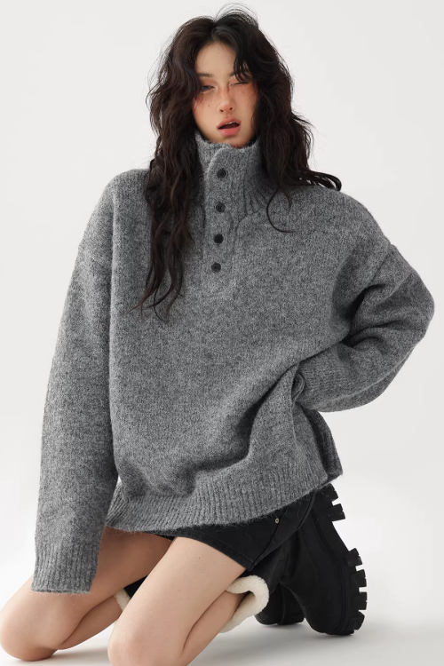 High Neck Half Button Knit Top