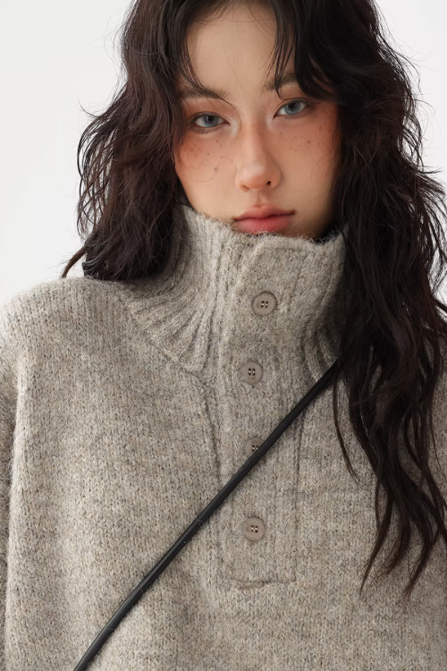 High Neck Half Button Knit Top