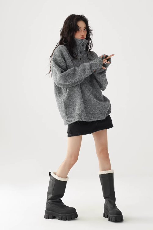 High Neck Half Button Knit Top