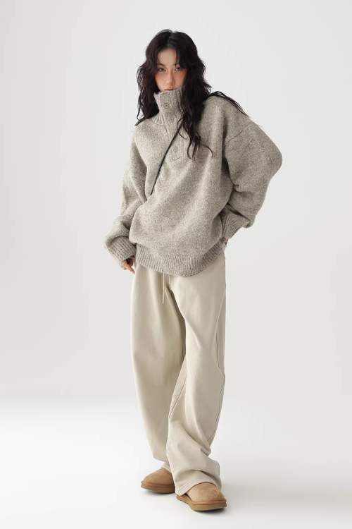 High Neck Half Button Knit Top