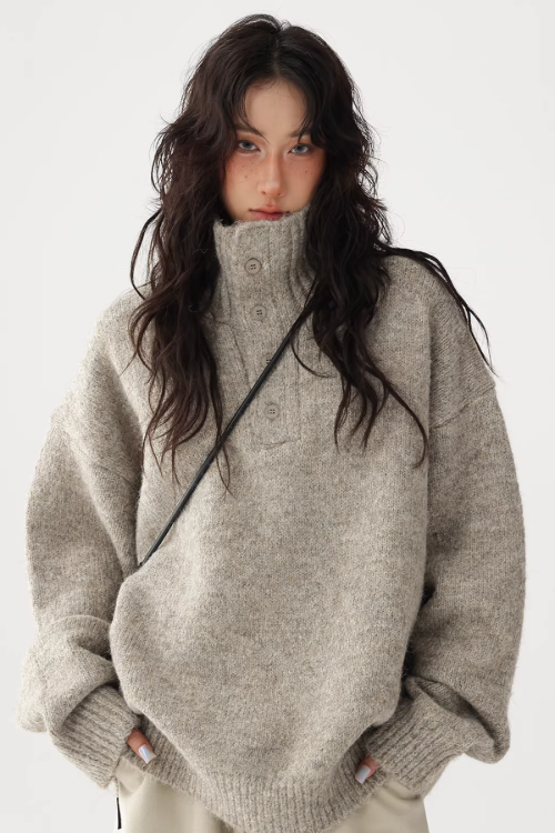 High Neck Half Button Knit Top