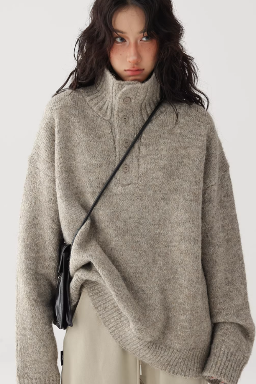 High Neck Half Button Knit Top