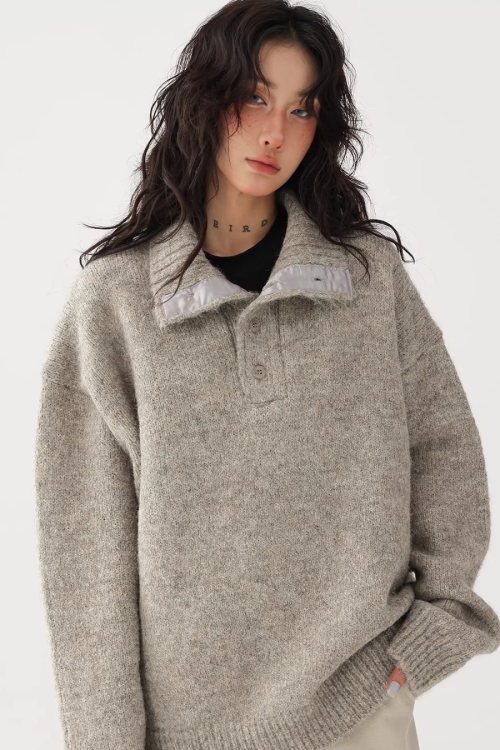 High Neck Half Button Knit Top