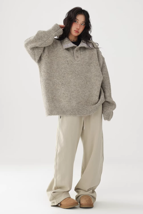 High Neck Half Button Knit Top