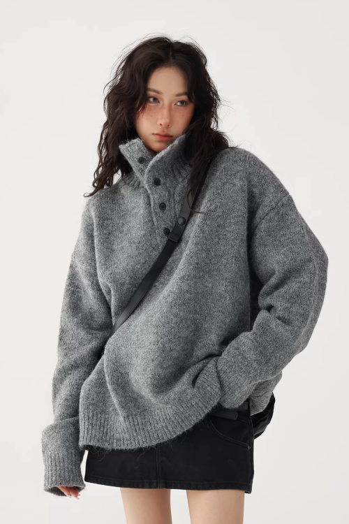 High Neck Half Button Knit Top