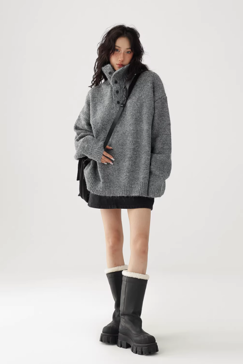 High Neck Half Button Knit Top