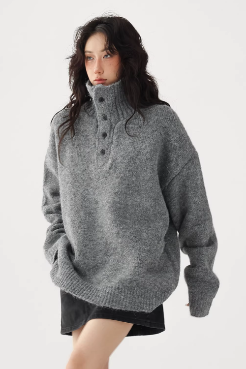 High Neck Half Button Knit Top