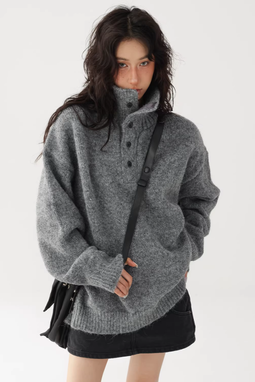 High Neck Half Button Knit Top