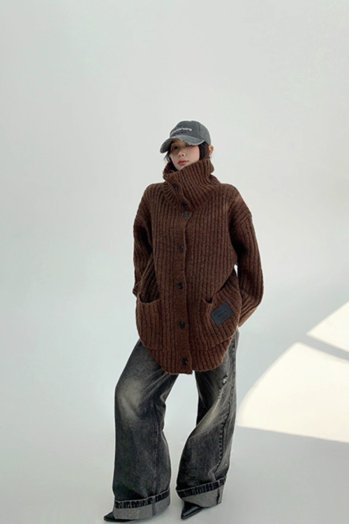 High-Neck Knit Cardigan