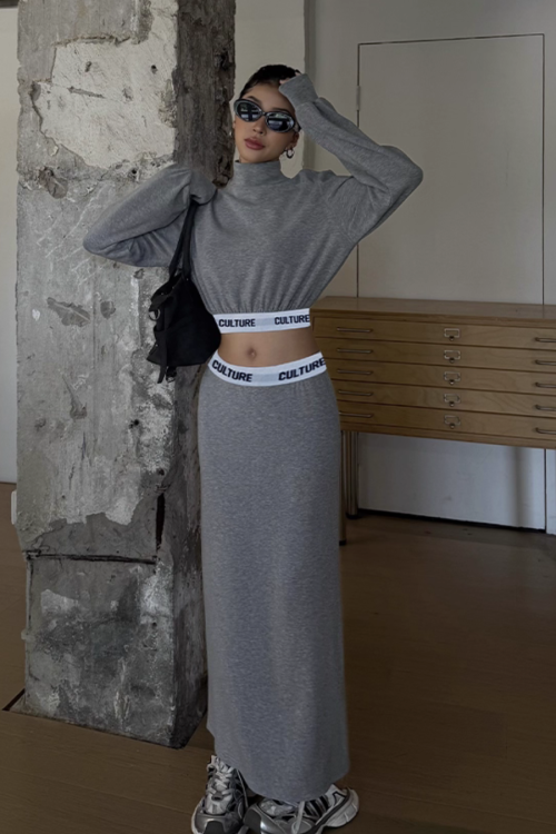 High Neck Long Sleeve Top / Mid Length Skirt