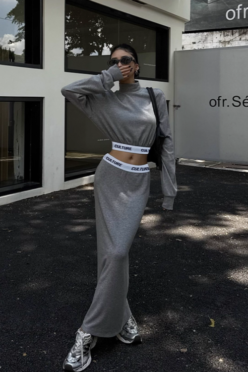 High Neck Long Sleeve Top / Mid Length Skirt