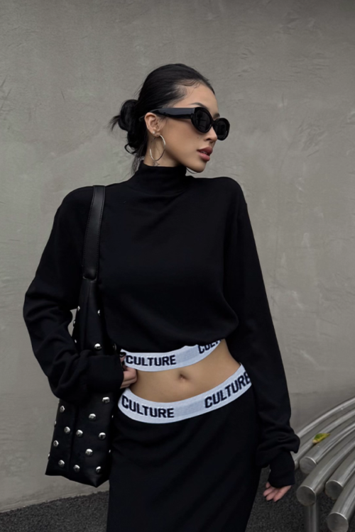 High Neck Long Sleeve Top / Mid Length Skirt