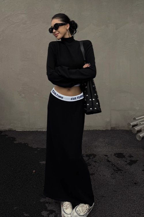 High Neck Long Sleeve Top / Mid Length Skirt