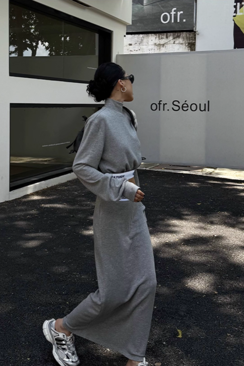 High Neck Long Sleeve Top / Mid Length Skirt