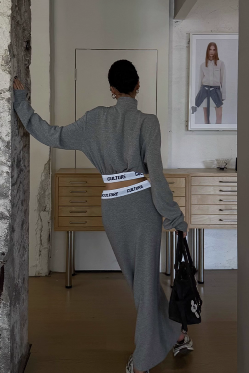 High Neck Long Sleeve Top / Mid Length Skirt