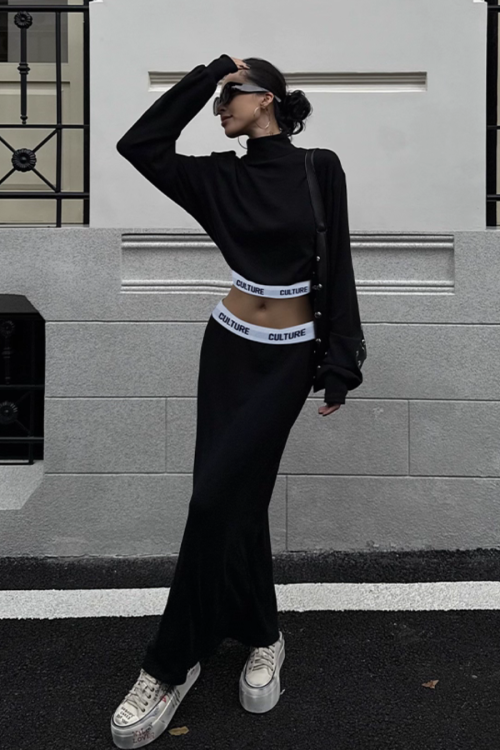 High Neck Long Sleeve Top / Mid Length Skirt