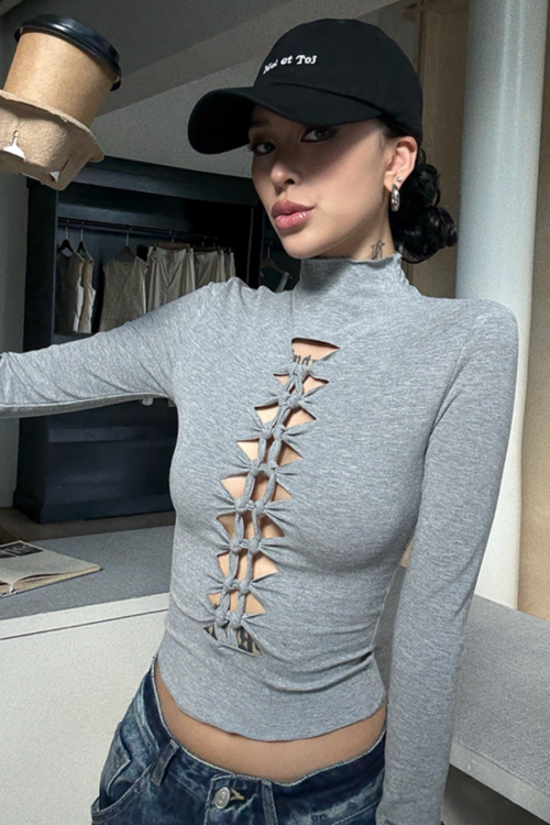 High Neck Ripped Design T-Shirt