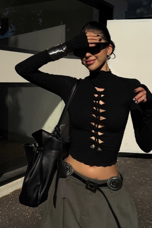 High Neck Ripped Design T-Shirt